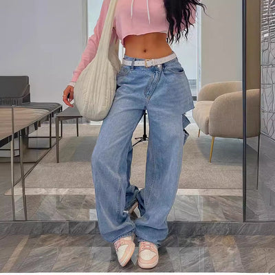 Stylish low waist jeans featuring loose hole design for a trendy and comfortable look