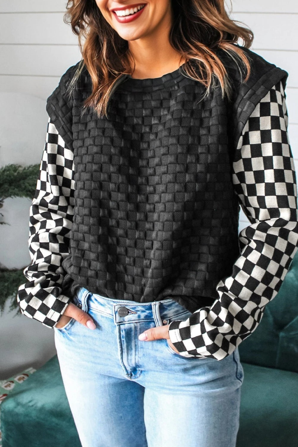 Women wearing stylish plaid patchwork clothes, featuring unique patterns and high-quality fabric designs.