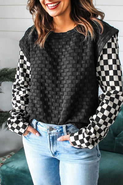 Women wearing stylish plaid patchwork clothes, featuring unique patterns and high-quality fabric designs.