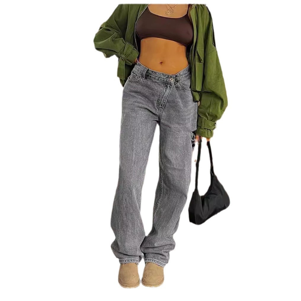Stylish low waist jeans featuring loose hole design for a trendy and comfortable look
