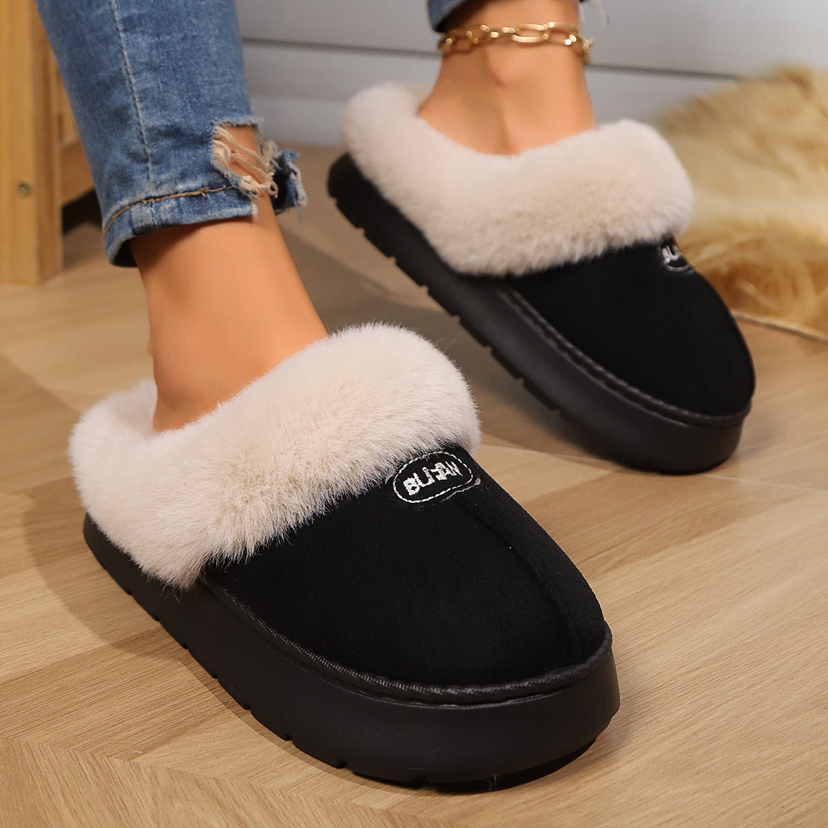 Cozy slippers providing warmth and comfort for indoor wear, perfect for relaxing at home in all seasons.