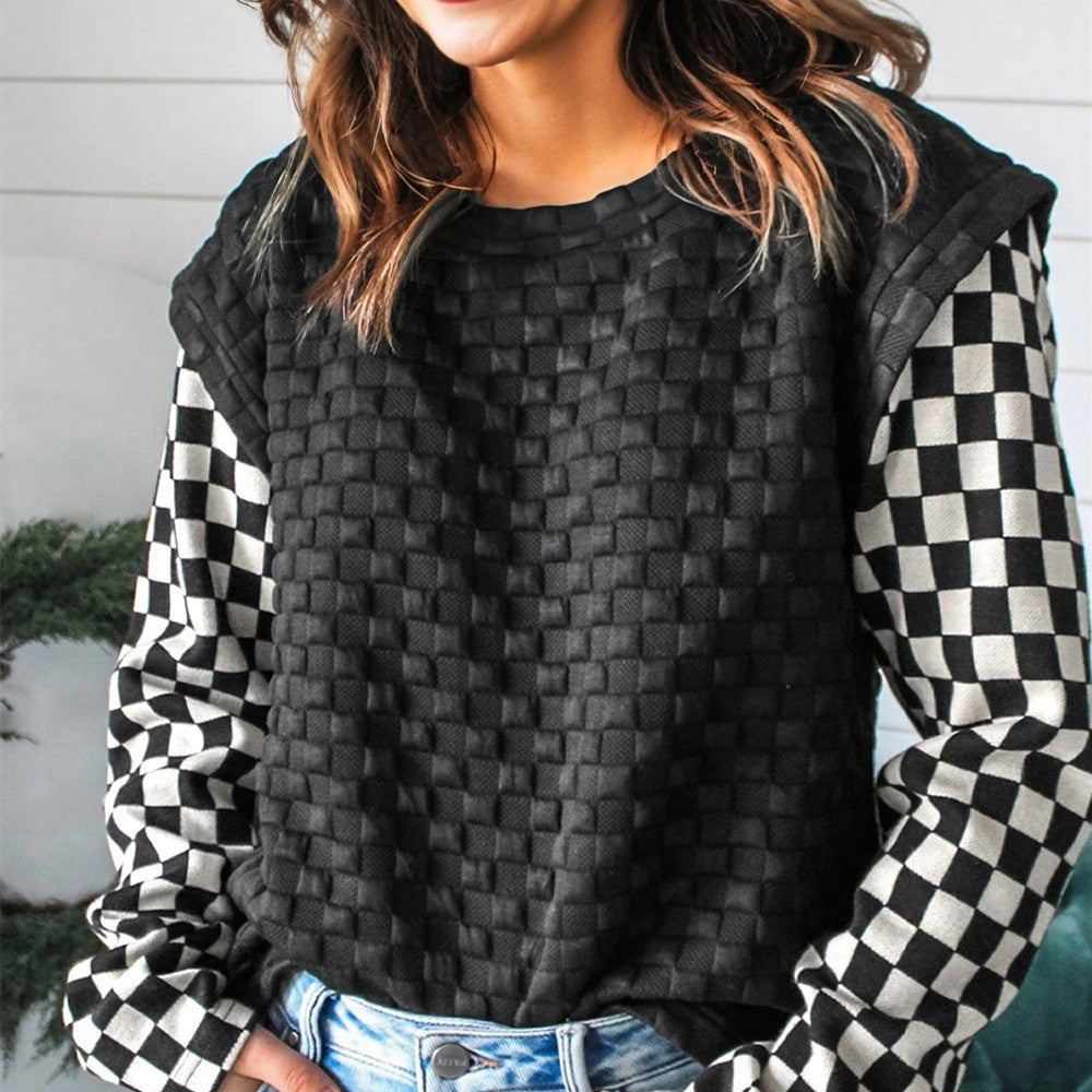 Women wearing stylish plaid patchwork clothes, featuring unique patterns and high-quality fabric designs.