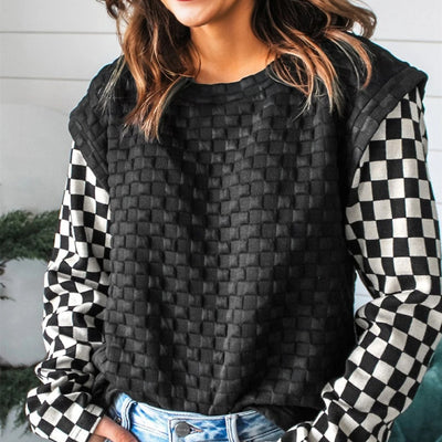 Women wearing stylish plaid patchwork clothes, featuring unique patterns and high-quality fabric designs.